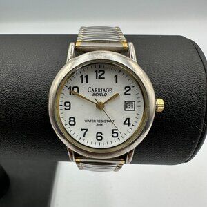 3/$30 Carriage Watch Women Silver Tone Stretch Band White Dial Date New Battery